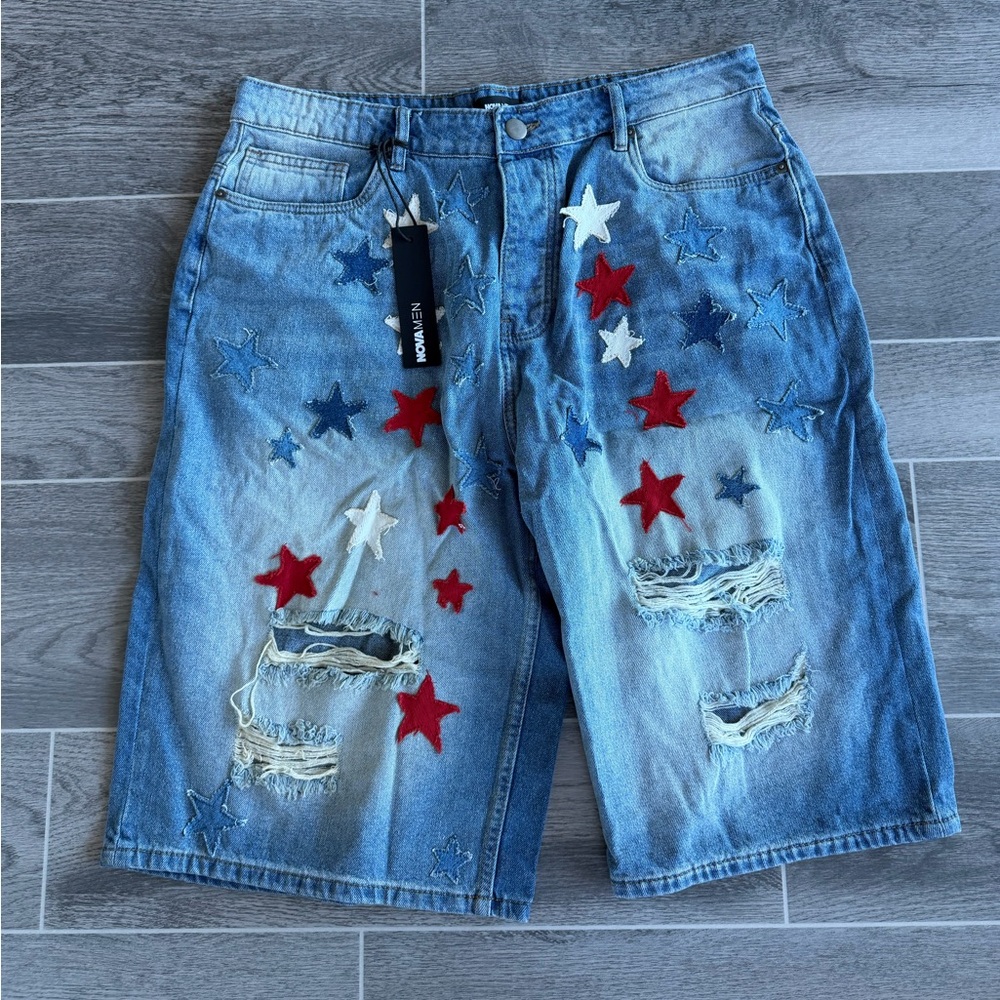Fashion Nova Blue Star-Embellished Jean Shorts